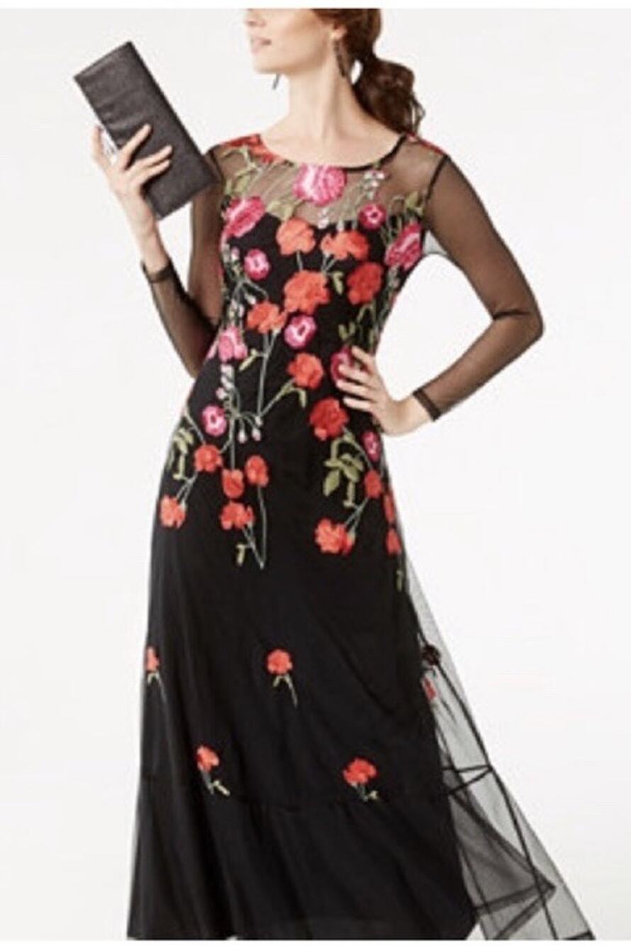 INC International Concepts Mesh Rose Embroidered Maxi Dress Black Formal Size XS